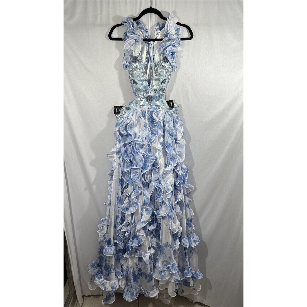 NWT Mac Duggal [ 6 ] 2220 Ruffle Tiered Cap Sleeve Cut Out‎ Open Back Gown J1597 - Picture 4 of 15